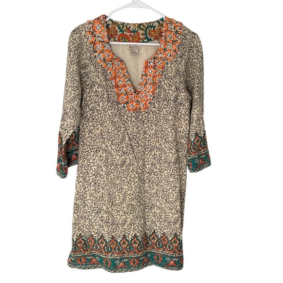 Lucky Dashiki Shift Dress V-Neck 3/4 Sleeves Embroidered Beaded Boho Sz S - Picture 2 of 11